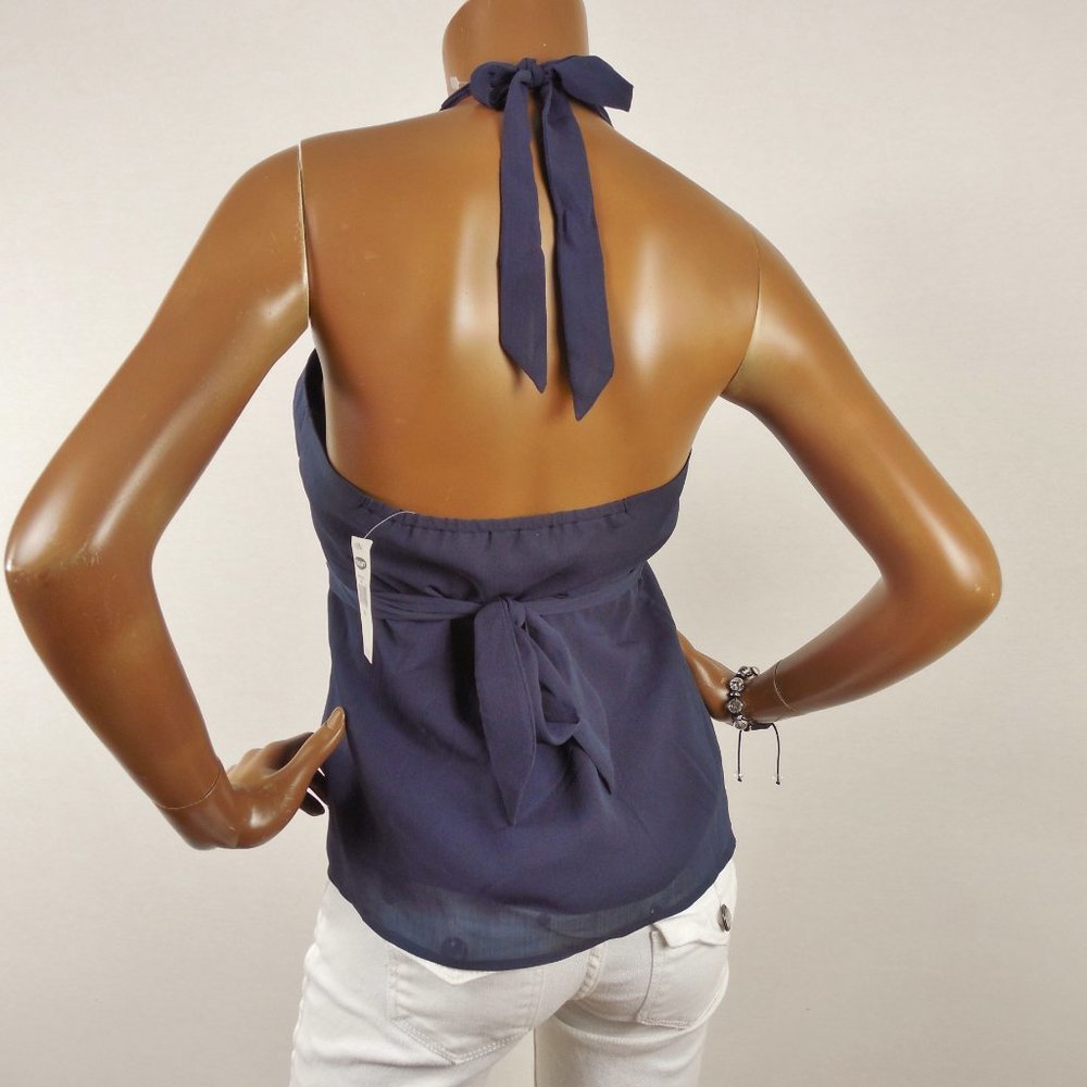 OLD NAVY M Halter Top NWT Beads Lined Chiffon V-Neck Ties In Back Navy Blue - Picture 8 of 11
